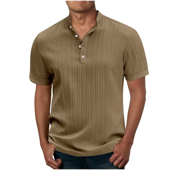 WREESH Men's Pullover Sport Top Solid Color Short Sleeve Shirt with Button Front a Comfortable Short Sleeve Top for Sports and Casual Outings Khaki