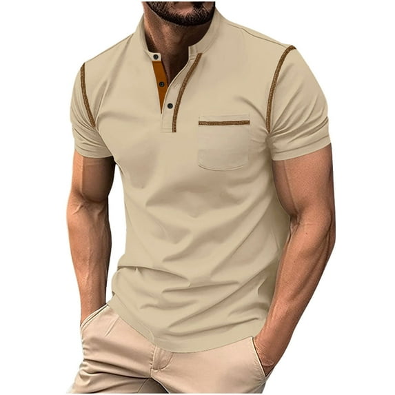 WREESH Men's Pullover Sports Top Stand-Up Collar with Button and Pockets On Short Sleeve a Solid Color Top for Active Days Khaki