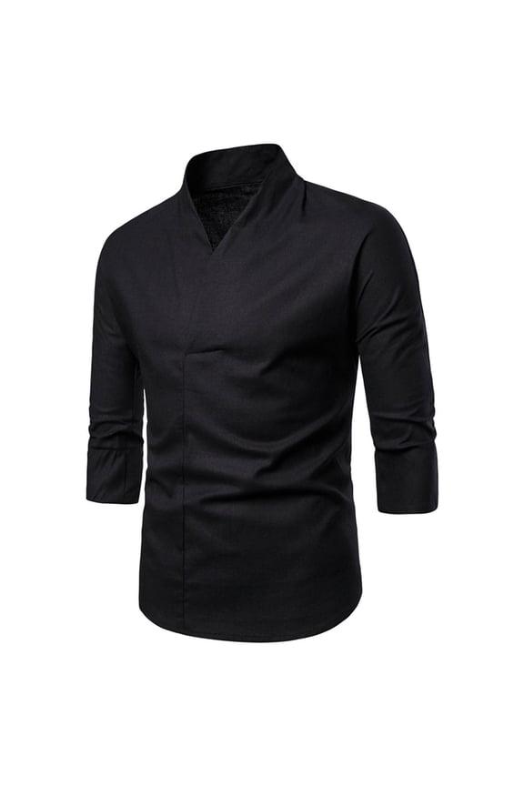 Men's Retro Cotton Linen 3/4 Sleeve V-Neck Loose Shirt, Casual Hanfu Inspired Outfit Black