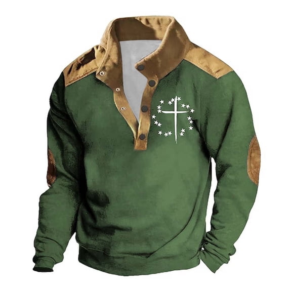 WREESH Men's Retro Henley Shirts Casual Long Sleeve Loose Top with Stand-Up Neck Zipper and Pockets for a Unique Style Green