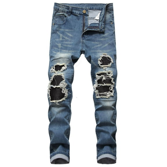 WREESH Men's Ripped Jeans Slim Fitting Destroyed Denim Pants Casual Cotton Straight Trousers Jeans Pants Full Length Pants Blue