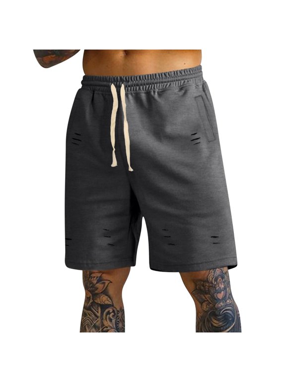 Men's Ripped Sweat Shorts Loose Fit Gym Workout Shorts, Fitness & Beach Casual Solid Color Athletic Design