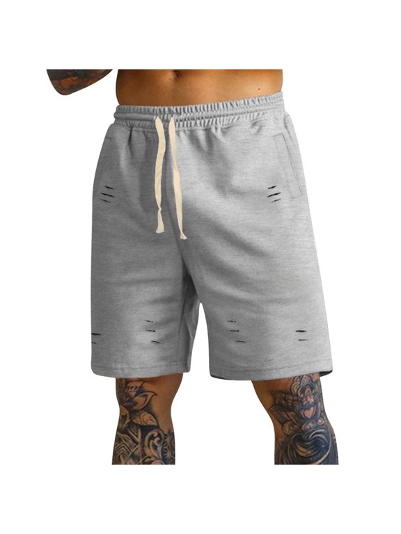Men's Ripped Sweat Shorts Loose Fit Gym Workout Shorts, Fitness & Beach Casual Solid Color Athletic Design