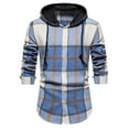 thumbnail image 1 of WREESH Men's Shacket Casual Patchwork Fashion Plaid Hooded Button Long Sleeve Shirt Shirt Blue, 1 of 9