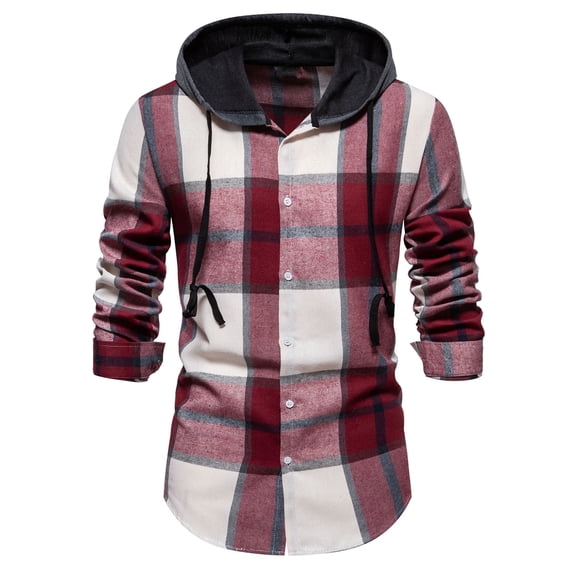 WREESH Men's Shacket Casual Patchwork Fashion Plaid Hooded Button Long Sleeve Shirt Shirt Wine