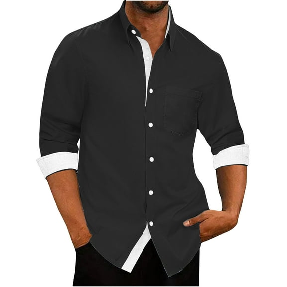 WREESH Men's Shirts Casual Fashion Patchwork Turn-Down Collar Button Long Sleeve Shirt Shirt Black