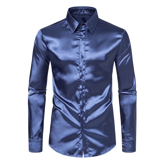 WREESH Men's Shirts Casual Fashion Whole Colored Turn-Down Collar Button Long Sleeve Shirt Shirt Navy