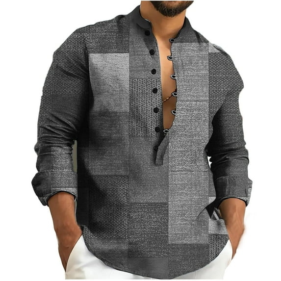 WREESH Men's Shirts Cotton and Linen Jacket Long Sleeve Printing Shirt Button Cardigan Dark Gray