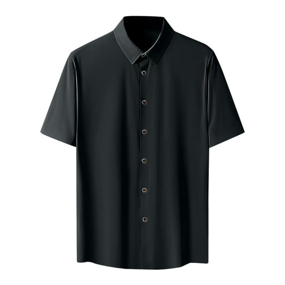WREESH Men's Short Sleeve Solid Color Button Down Shirts Ice Silk Formal Dress Elegant Summer Style Black