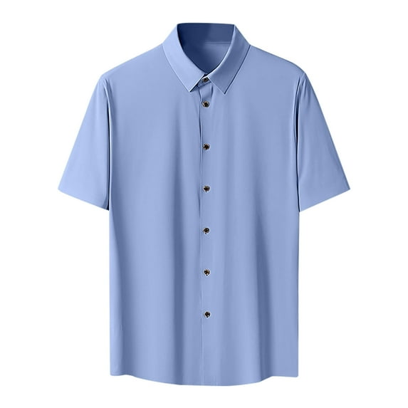 WREESH Men's Short Sleeve Solid Color Button Down Shirts Ice Silk Formal Dress Elegant Summer Style Light Blue