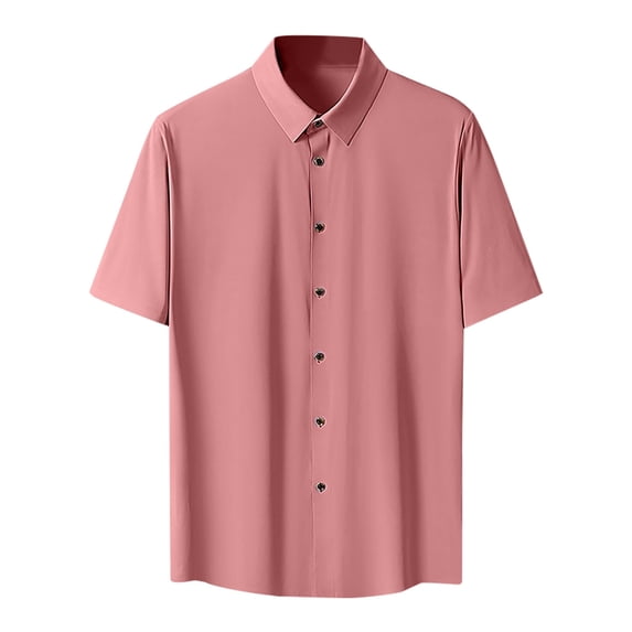 WREESH Men's Short Sleeve Solid Color Button Down Shirts Ice Silk Formal Dress Elegant Summer Style Red