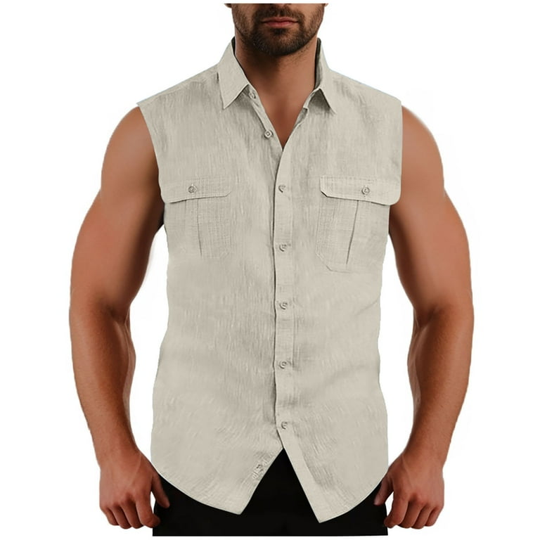 WREESH Men's Sleeveless Button Down Shirts Cotton Linen Shirt