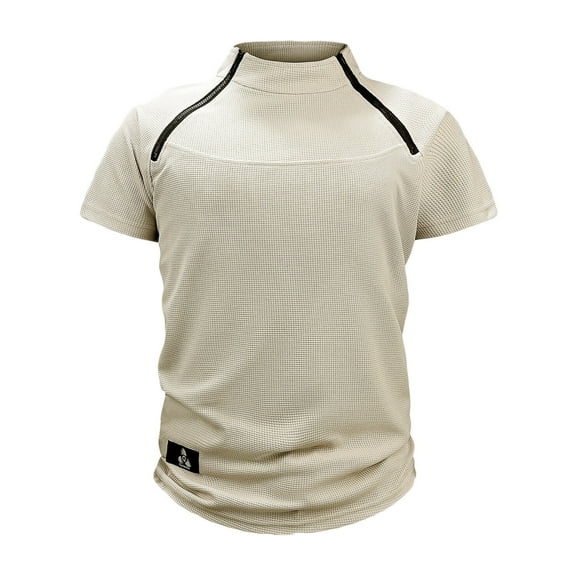 WREESH Men's Slim Fitting Casual Turtleneck Mock Neck T-Shirt Short Sleeve Summer Pullover Top with Waffle Texture Tops Khaki