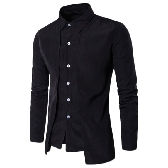 WREESH Men's Slim Fitting Solid Color Long Sleeve Button Down Shirt with Double Front Lapel Design Black