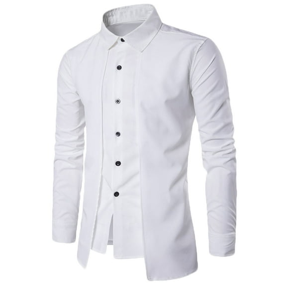 WREESH Men's Slim Fitting Solid Color Long Sleeve Button Down Shirt with Double Front Lapel Design White