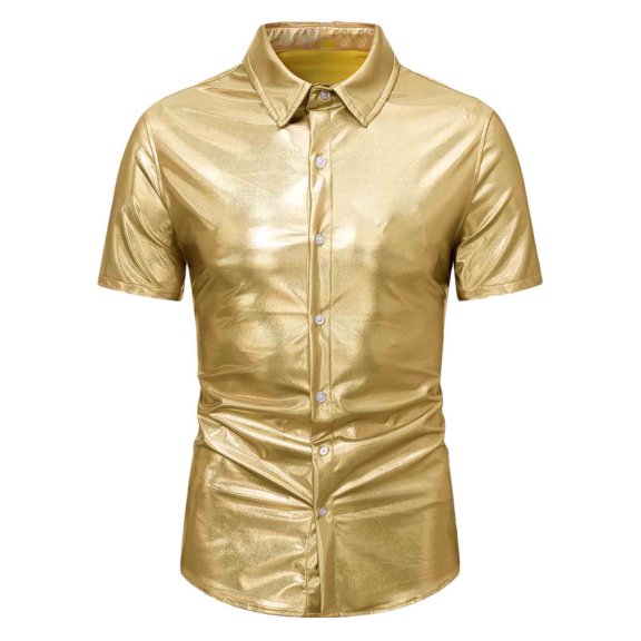 WREESH Men's Slim Short Sleeve Shirt Casual Sports Top with Graphic Prints Summer Button Up Half Sleeve T-Shirt for Men Gold