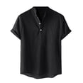 thumbnail image 1 of WREESH Men's Solid Button Shirts Casual Short Sleeve V-Neck Shirt Top Cotton Linen Summer Comfort Shirt Black, 1 of 6