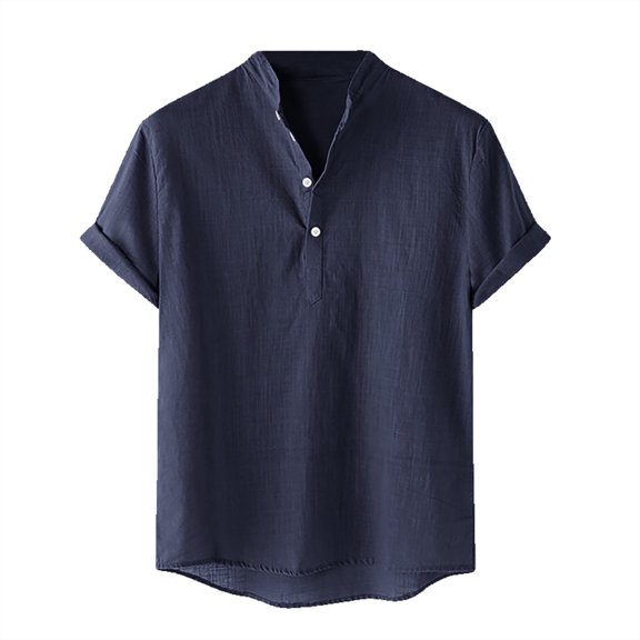 WREESH Men's Solid Button Shirts Casual Short Sleeve V-Neck Shirt Top Cotton Linen Summer Comfort Shirt Navy