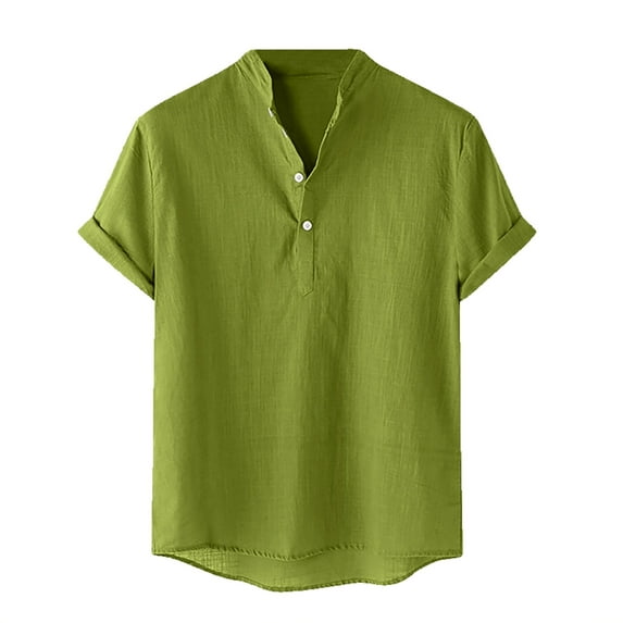 WREESH Men's Solid Button Shirts Casual Short Sleeve V-Neck Shirt Top Cotton Linen Summer Comfort Shirt Olive Green