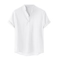thumbnail image 1 of WREESH Men's Solid Button Shirts Casual Short Sleeve V-Neck Shirt Top Cotton Linen Summer Comfort Shirt White, 1 of 6