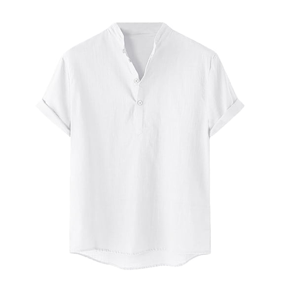 WREESH Men's Solid Button Shirts Casual Short Sleeve V-Neck Shirt Top Cotton Linen Summer Comfort Shirt White