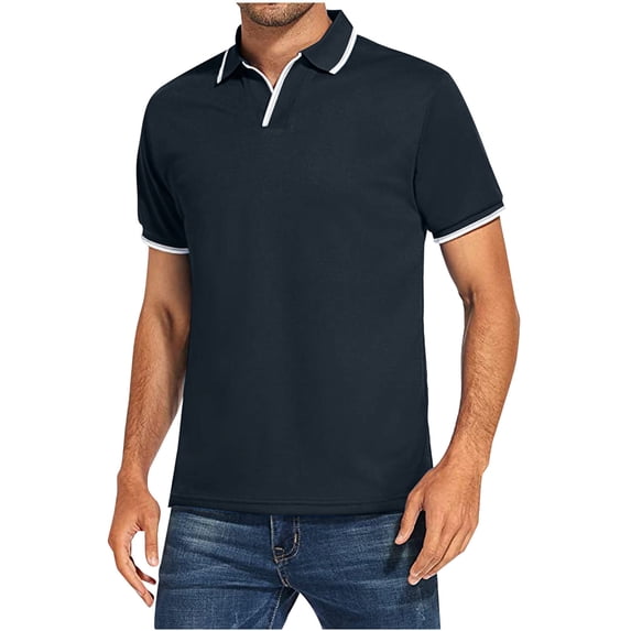 WREESH Men's Solid Color Henley Shirt Fashion Turndown Collar Button Front Short Sleeve Top Navy
