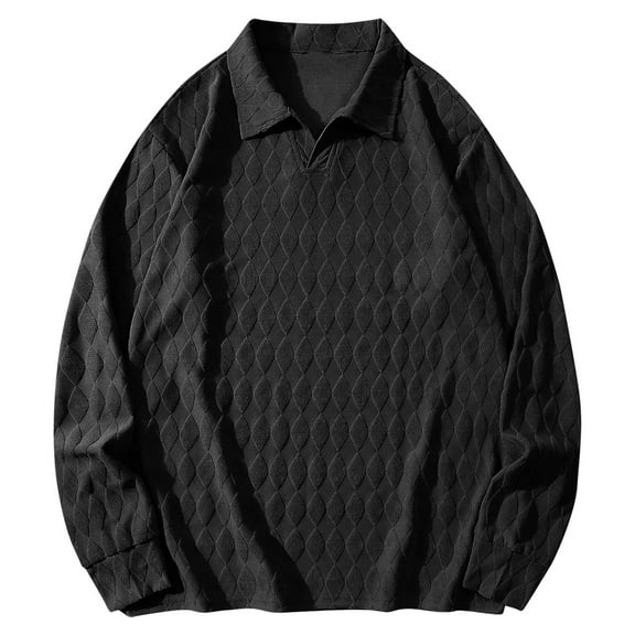 WREESH Men's Solid Color Jacquards Sweatshirt Loose Casual Collared V Neck Long Sleeve Pullover Tops Black