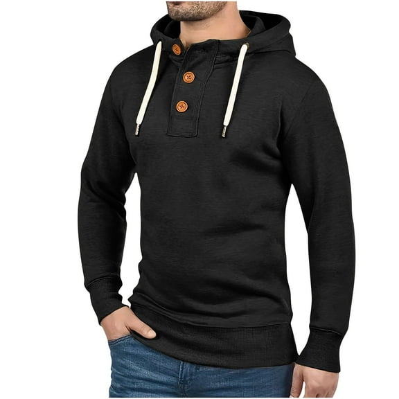 WREESH Men's Solid Color Lightweight Hoodie Mock Neck Button Drawstring Sweatshirt Casual Athletic Hood Pullover Black