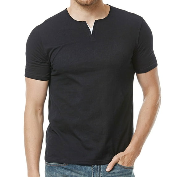 WREESH Men's Solid Color Pullover Casual Short Sleeve T-Shirt with Notch Neck for Summer Black