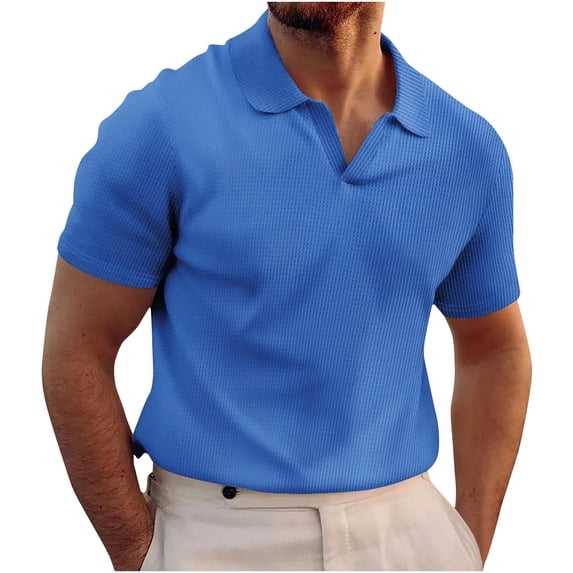 WREESH Men's Solid Color Waffle Shirts Turndown Collar Top Short Sleeve Shirt Classic Summer Henley Top Blue