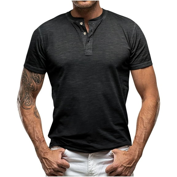 WREESH Men's Solid Henley Shirts Short Sleeve Shirt with Turndown Collar for a Classic Business Casual Style Black