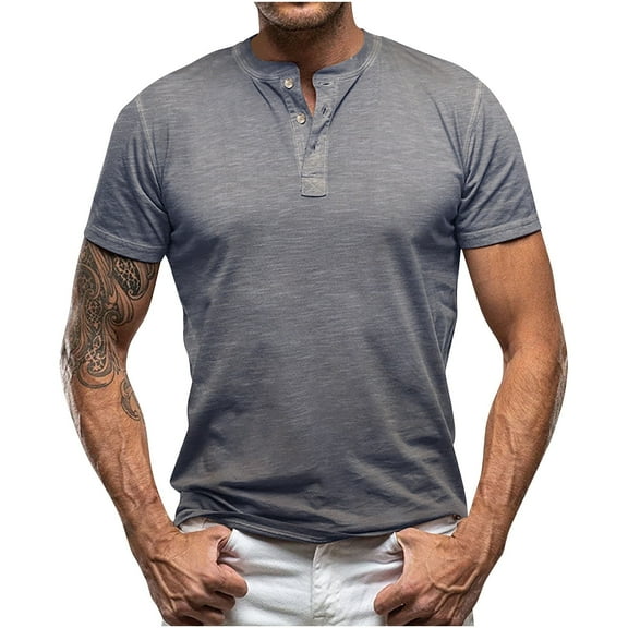 WREESH Men's Solid Henley Shirts Short Sleeve Shirt with Turndown Collar for a Classic Business Casual Style Gray