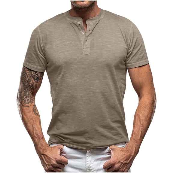 WREESH Men's Solid Henley Shirts Short Sleeve Shirt with Turndown Collar for a Classic Business Casual Style Khaki