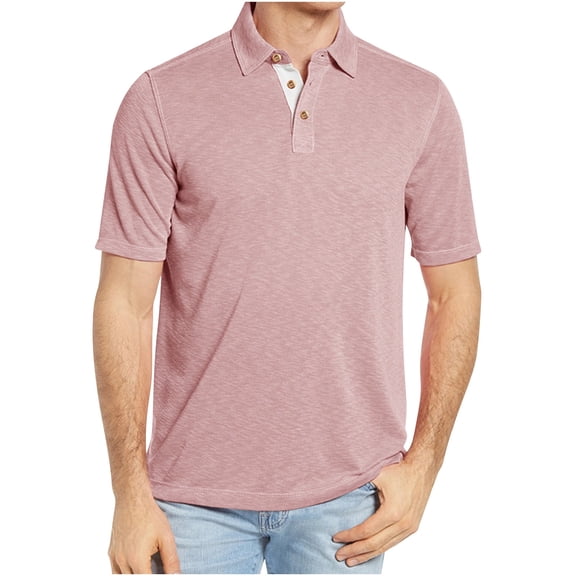 WREESH Men's Solid Henley Shirts Short Sleeve Turndown Collar Shirt for a Classic and Versatile Look Pink
