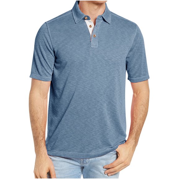 WREESH Men's Solid Henley Shirts Short Sleeve Turndown Collar Shirt for a Classic and Versatile Look Sky Blue