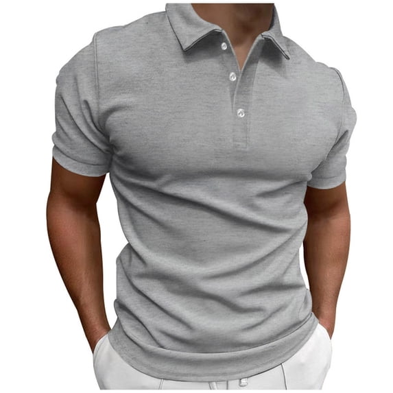 WREESH Men's Solid Short Sleeve Button-Down Casual T-Shirt with Collar a Stylish Solid Color Shirt for Daily Wear Gray