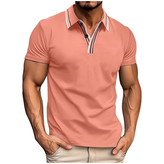WREESH Men's Solid Short Sleeve Henley Shirts Button Turn-Down Collar Top for Sports a Classic Solid Color Shirt for Active Wear Pink
