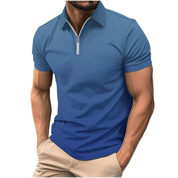 WREESH Men's Solid Zippered Henley Shirts Casual Printed Short Sleeve T-Shirt with Turn Down Collar a Stylish Solid Color Top with Zipper Blue