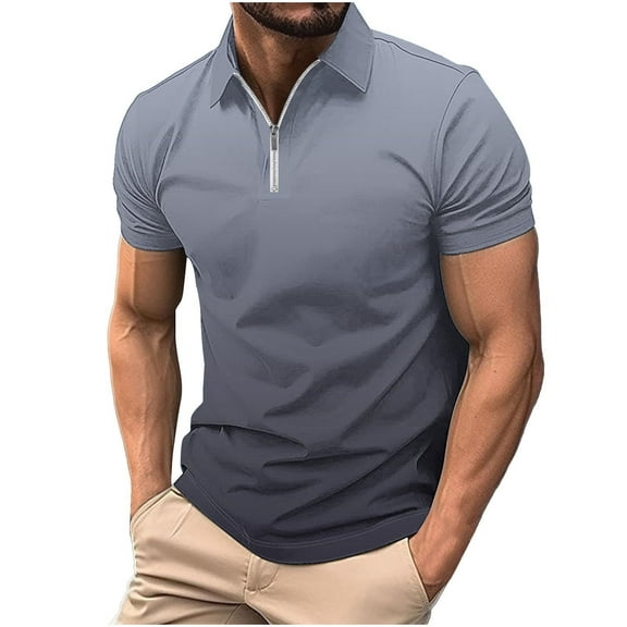 WREESH Men's Solid Zippered Henley Shirts Casual Printed Short Sleeve T-Shirt with Turn Down Collar a Stylish Solid Color Top with Zipper Navy