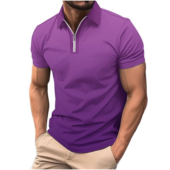 WREESH Men's Solid Zippered Henley Shirts Casual Printed Short Sleeve T-Shirt with Turn Down Collar a Stylish Solid Color Top with Zipper Purple
