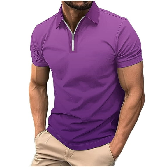WREESH Men's Solid Zippered Henley Shirts Casual Printed Short Sleeve T-Shirt with Turn Down Collar a Stylish Solid Color Top with Zipper Purple