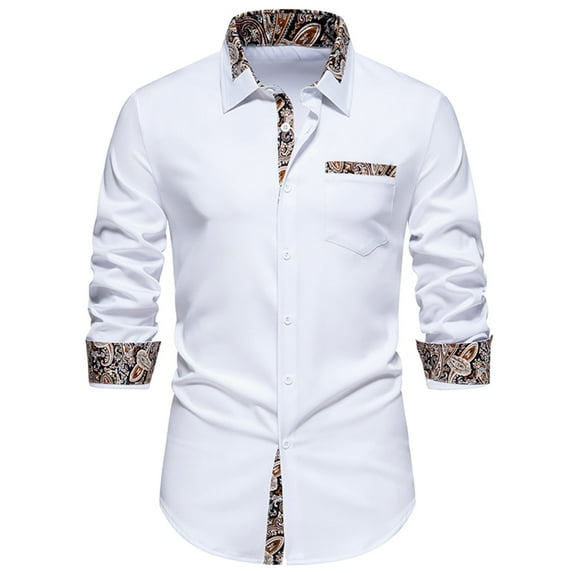 WREESH Men's Sophisticated Dress Shirts Button Down Long Sleeve Casual Tops with Patchwork, Matching Color Scheme, and Turn-Down Collar for a Polished Look White