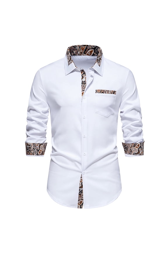 Men's Sophisticated Dress Shirts Button Down Long Sleeve Casual Tops with Patchwork, Matching Color Scheme, and Turn-Down Collar for a Polished Look White