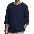 thumbnail image 1 of WREESH Men's Spring Summer Shirts Long Sleeved V-Neck Cotton and Linen Loose Shirt Solid Color Tops Navy, 1 of 8