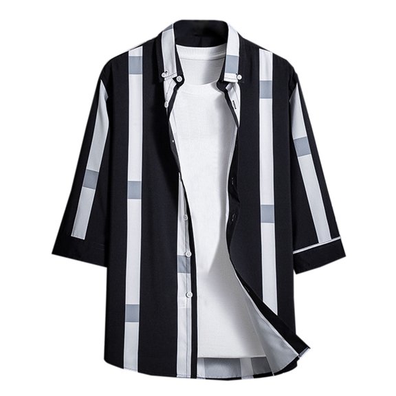 WREESH Men's Striped Button Down Shirts Long Sleeve Turndown Collar with Striped Pattern, Men's Pocketless 3/4 Sleeve Printed Neck Top Black