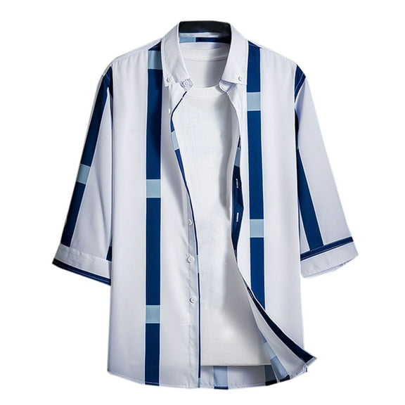 WREESH Men's Striped Button Down Shirts Long Sleeve Turndown Collar with Striped Pattern, Men's Pocketless 3/4 Sleeve Printed Neck Top Blue