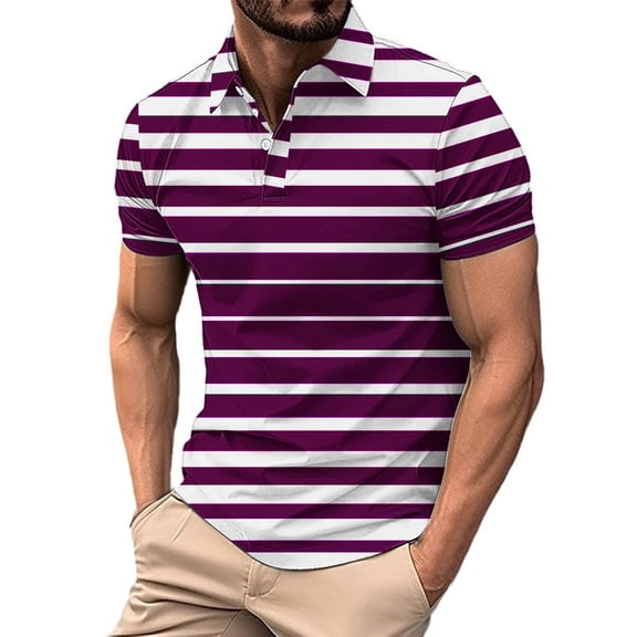 WREESH Men's Striped Henley Shirts Casual Business Short Sleeve Shirt with Athletic Striped Pattern for a Sporty Appeal Hot Pink