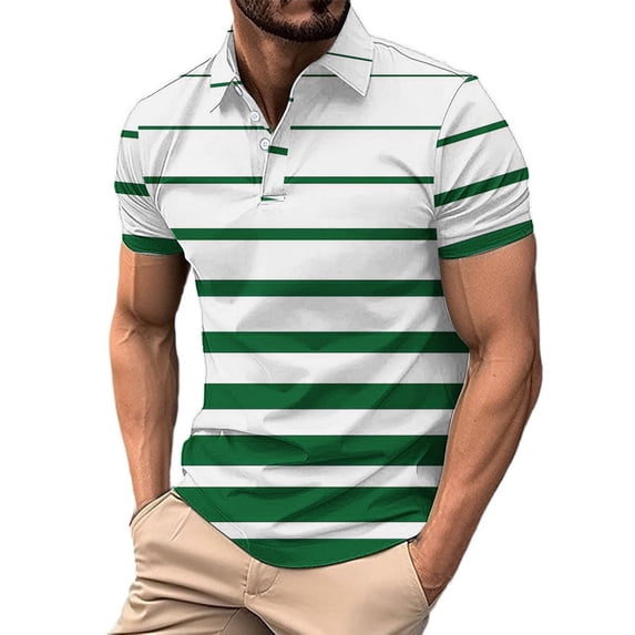 WREESH Men's Striped Henley Shirts Casual Fashion Short Sleeve Printed Athletic Top with Striped Pattern for a Sporty Business Appeal Green