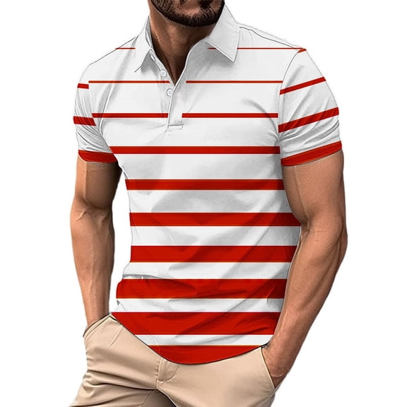 WREESH Men's Striped Henley Shirts Casual Fashion Short Sleeve Printed Athletic Top with Striped Pattern for a Sporty Business Appeal Red