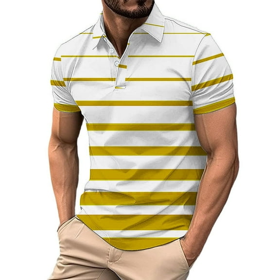 WREESH Men's Striped Henley Shirts Casual Fashion Short Sleeve Printed Athletic Top with Striped Pattern for a Sporty Business Appeal Yellow
